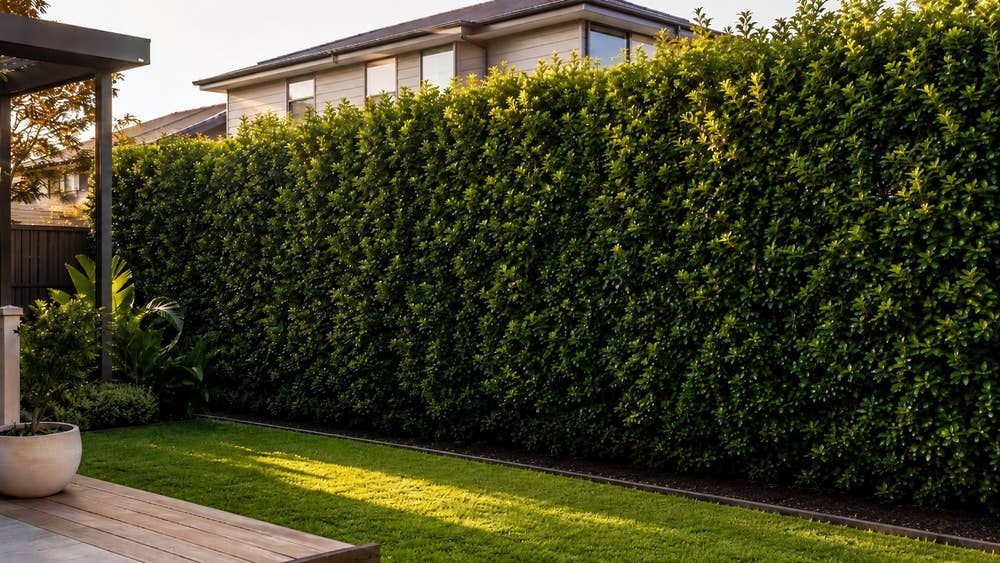 Tall dense lilly pilly hedge screening a two storey neighbouring house above a modern lawn and deck.