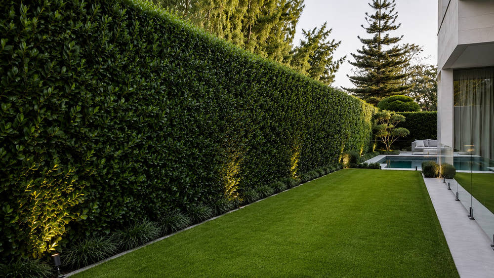 Tall dense evergreen hedge running along the boundary of a modern garden with a pool beyond.