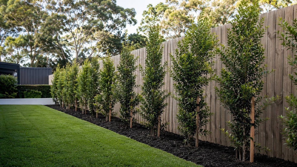 Row of freshly planted staked screening trees in a mulched bed along a timber paling fence.