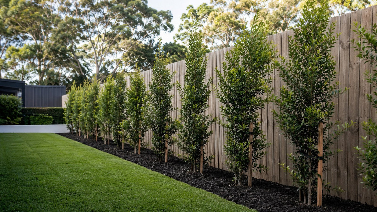 Row of freshly planted staked screening trees in a mulched bed along a timber paling fence.