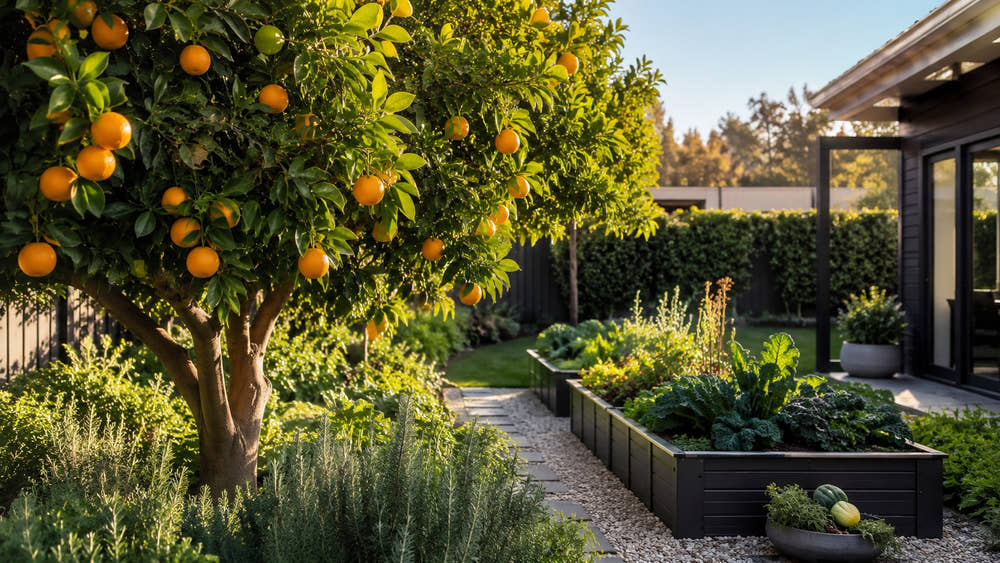 Citrus tree heavy with oranges beside raised vegetable beds in a backyard garden.