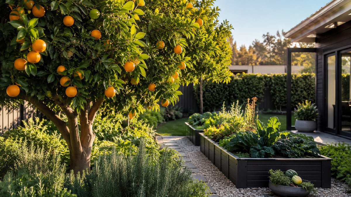 Citrus tree heavy with oranges beside raised vegetable beds in a backyard garden.