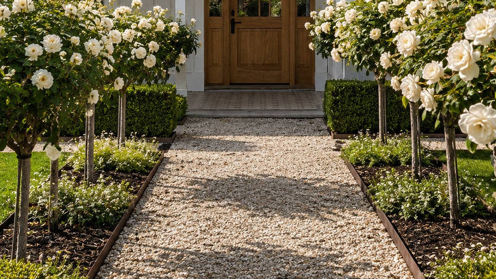 Gravel path lined with standard white roses and clipped box hedging leading to a timber front door.