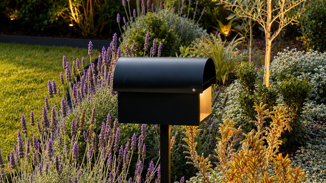 Dusk front garden bed with a black letterbox on a post among flowering lavender, orange kangaroo paw, clipped mounds and a young silver-leafed tree against an uplit timber fence.