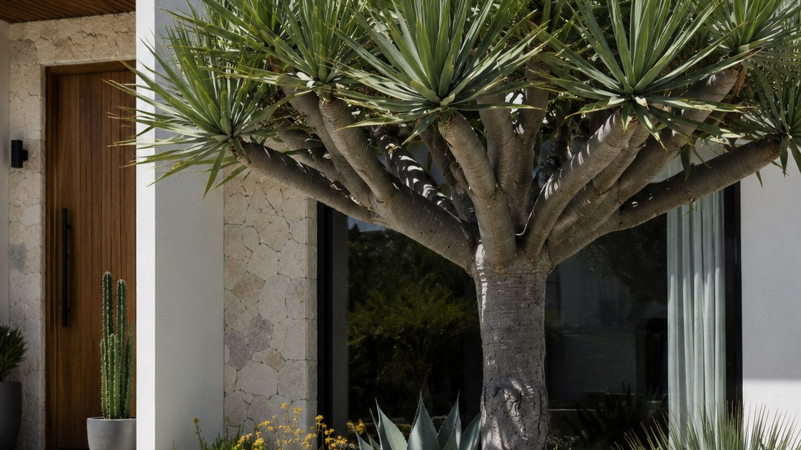 Branched dragon tree above a designer succulent bed of agave, golden barrel cactus and silver spiky rosettes at the entry of a modern white house, with columnar cacti in a pot by the timber front door.