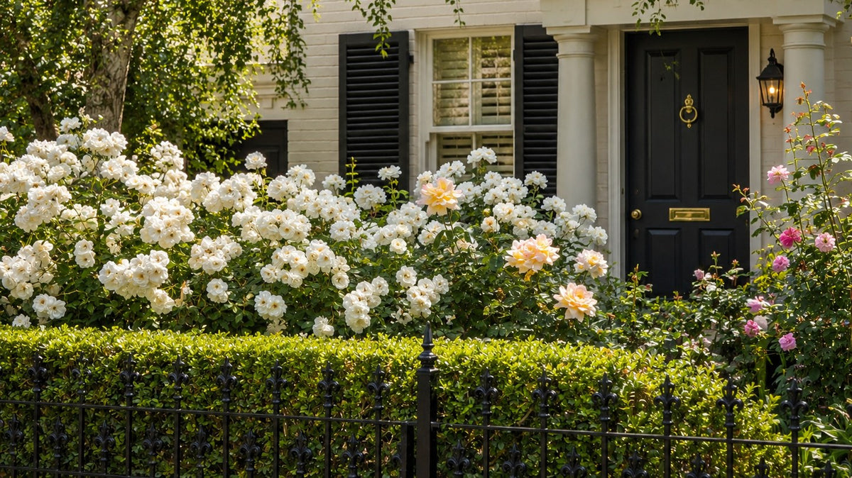 Massed white and apricot roses over a clipped box hedge and black iron fence in front of a white painted house.
