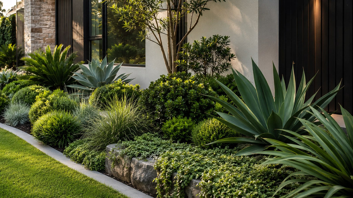 Lush layered garden bed of agave, clipped mounds, grasses and groundcovers wrapping a modern Australian home.