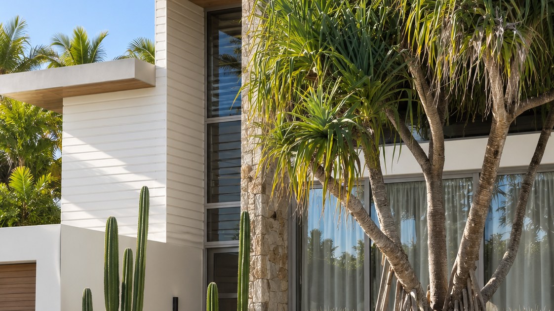 Mature pandanus with stilt prop roots beside the stone-clad entry of a modern coastal home, with columnar cacti, agaves and silver spiky groundcovers along stepped concrete pavers up a slope.