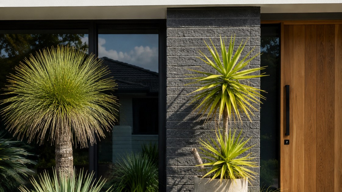 A dry-style entry garden with a trunked grass tree, silver astelia in a corten steel bowl, potted yuccas beside a charcoal brick pillar, a weeping casuarina mound and a pebble creek bed in front of a timber front door.