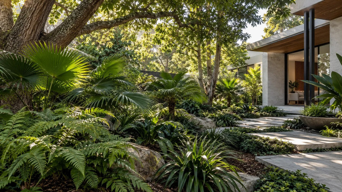 Shaded garden bed of ferns, fan palms and strappy foliage in dappled light under a high tree canopy beside a modern home.