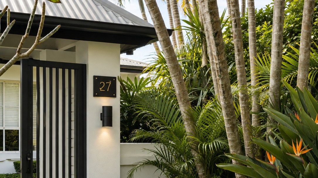 Tropical entry garden with clumping ringed golden cane palm trunks, orange bird of paradise flowers and a bromeliad-style understorey beside a black aluminium gate and white pier numbered 27, frangipani branches overhead.