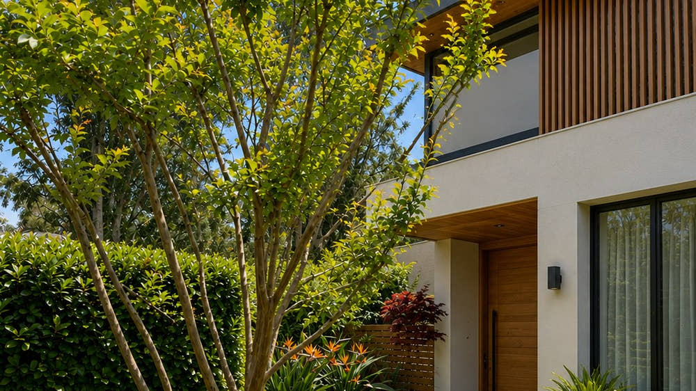 A multi-stemmed small feature tree with bronze-tipped new growth standing in clipped box hedging and lawn bands in the front garden of a modern rendered house with timber battens, a timber front door, a cycad and orange bird of paradise flowers.