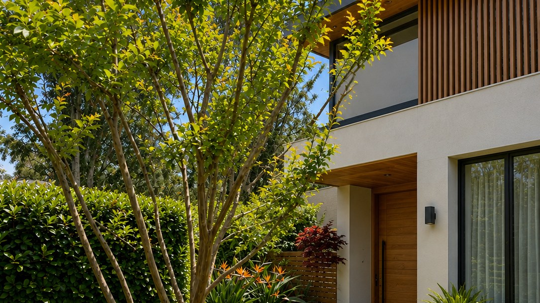 A multi-stemmed small feature tree with bronze-tipped new growth standing in clipped box hedging and lawn bands in the front garden of a modern rendered house with timber battens, a timber front door, a cycad and orange bird of paradise flowers.