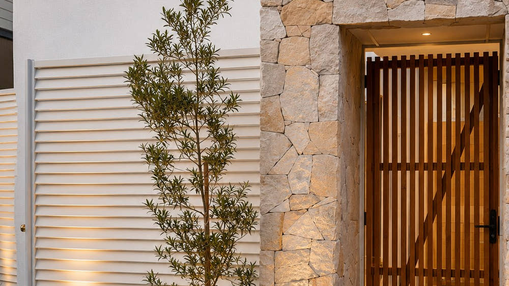 Dusk entry courtyard with a slender narrow-leafed tree in a white pot beside a sandstone-clad gateway with a vertical timber slat gate, white louvred fencing and clipped green mounds, all warmly uplit.