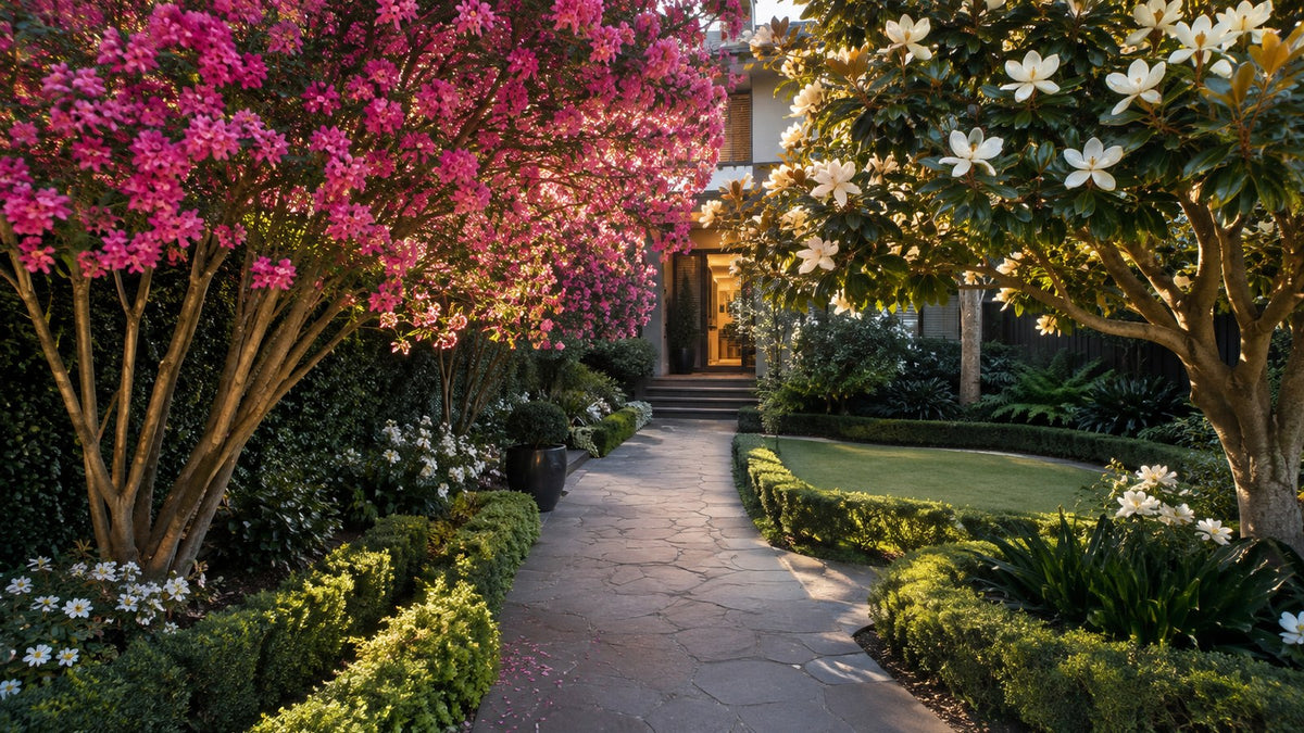 Crepe myrtle in pink flower and a white flowering magnolia arching over a garden path.