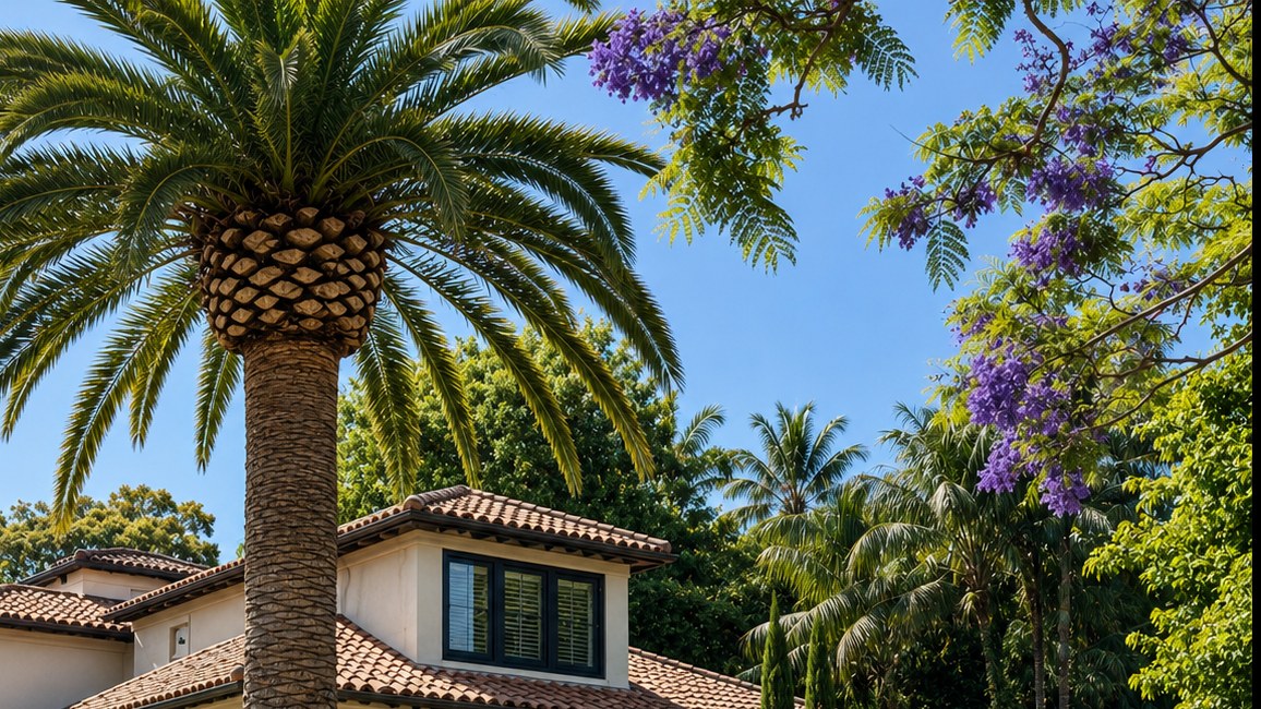 Mature date palm and a jacaranda in full purple flower over the tiled roof of a Mediterranean style home.