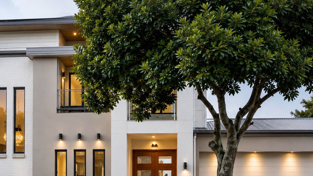 Dusk view of a broad-canopied glossy evergreen feature tree on the front lawn of a contemporary two-storey home, with uplit agaves and succulent beds beside the driveway and a concrete letterbox pillar.
